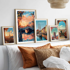 Dublin Art Print displayed among framed travel art prints on a cozy sofa showcasing vibrant colors and intricate details.