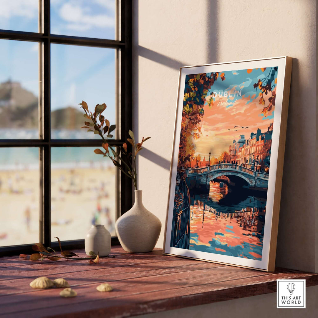 Dublin art print displayed in a stylish interior setting, showcasing a beautiful sunset and a charming bridge.