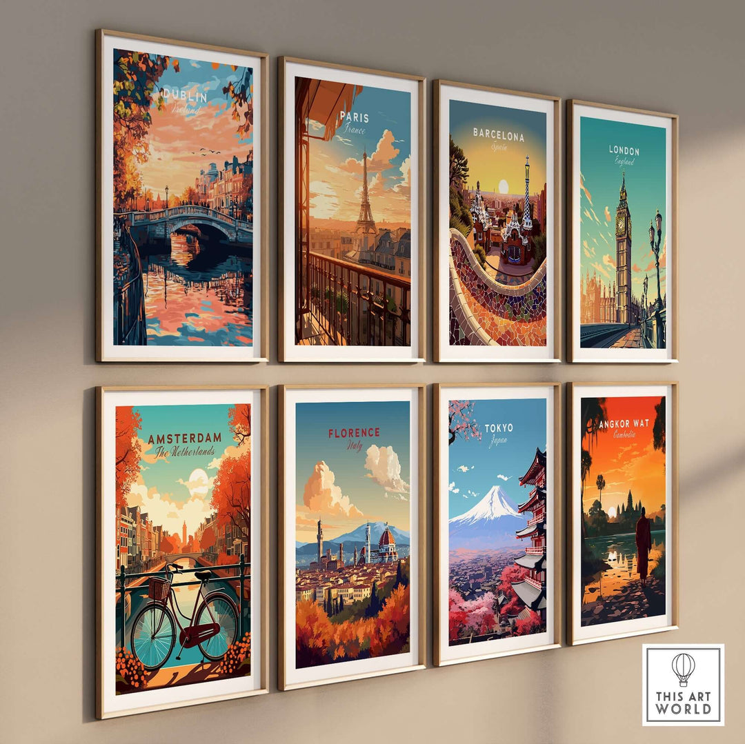 Colorful city art prints featuring Paris, Barcelona, London, and more, displayed in a stylish gallery wall.