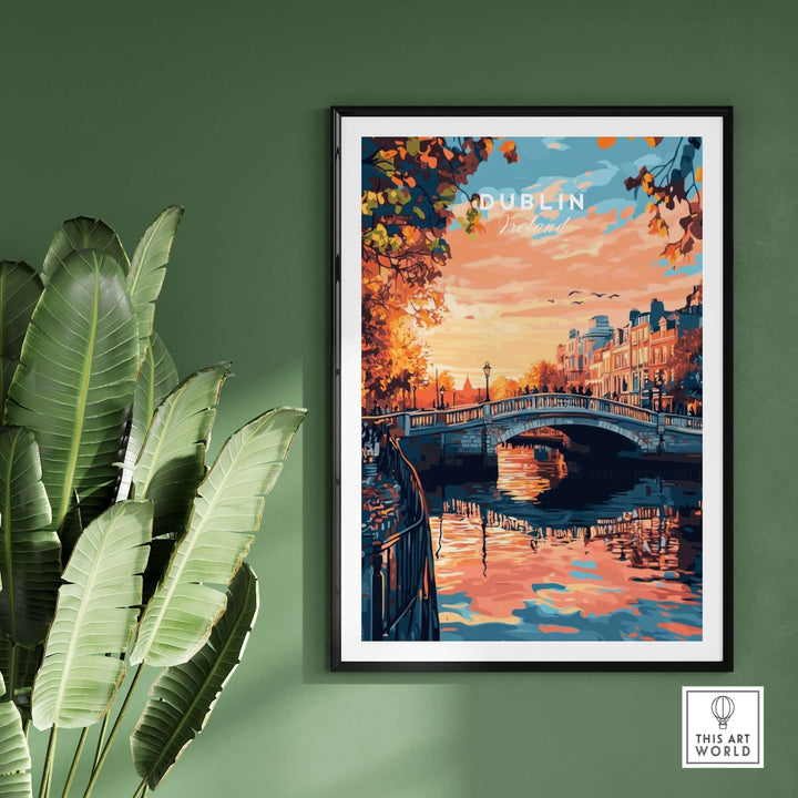 Dublin art print featuring a vibrant sunset over the river and bridge, surrounded by colorful buildings and foliage.