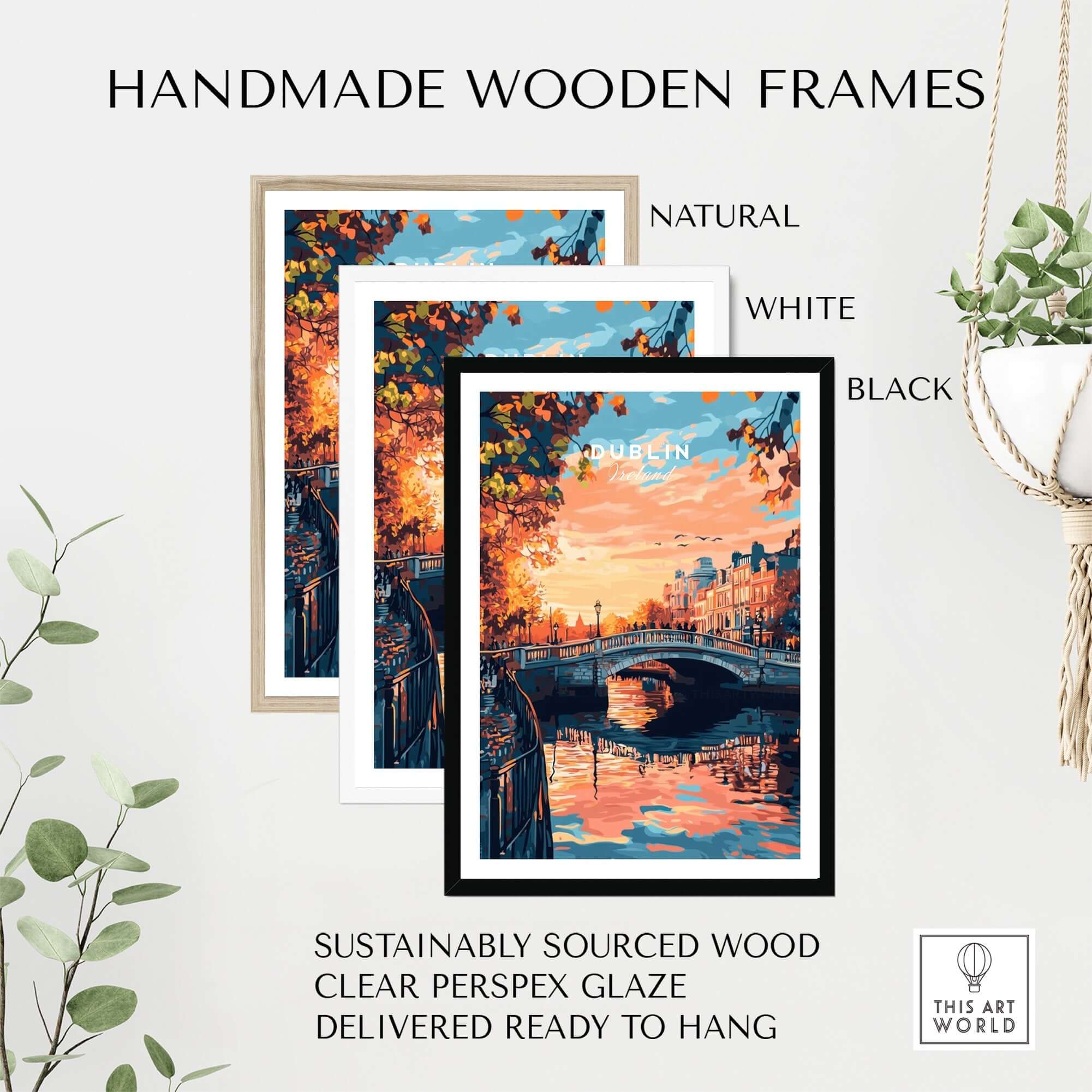 Dublin Art Print displayed in handmade wooden frames in natural, white, and black finishes.