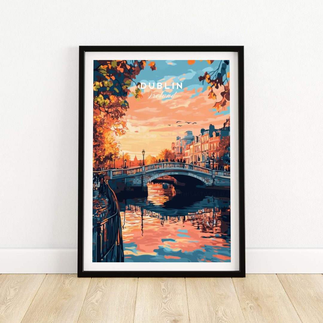 Dublin art print featuring a picturesque sunset over a bridge, framed and displayed on a wooden floor.