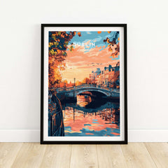 Dublin Art Print featuring a vibrant sunset over a river with colorful buildings and trees.