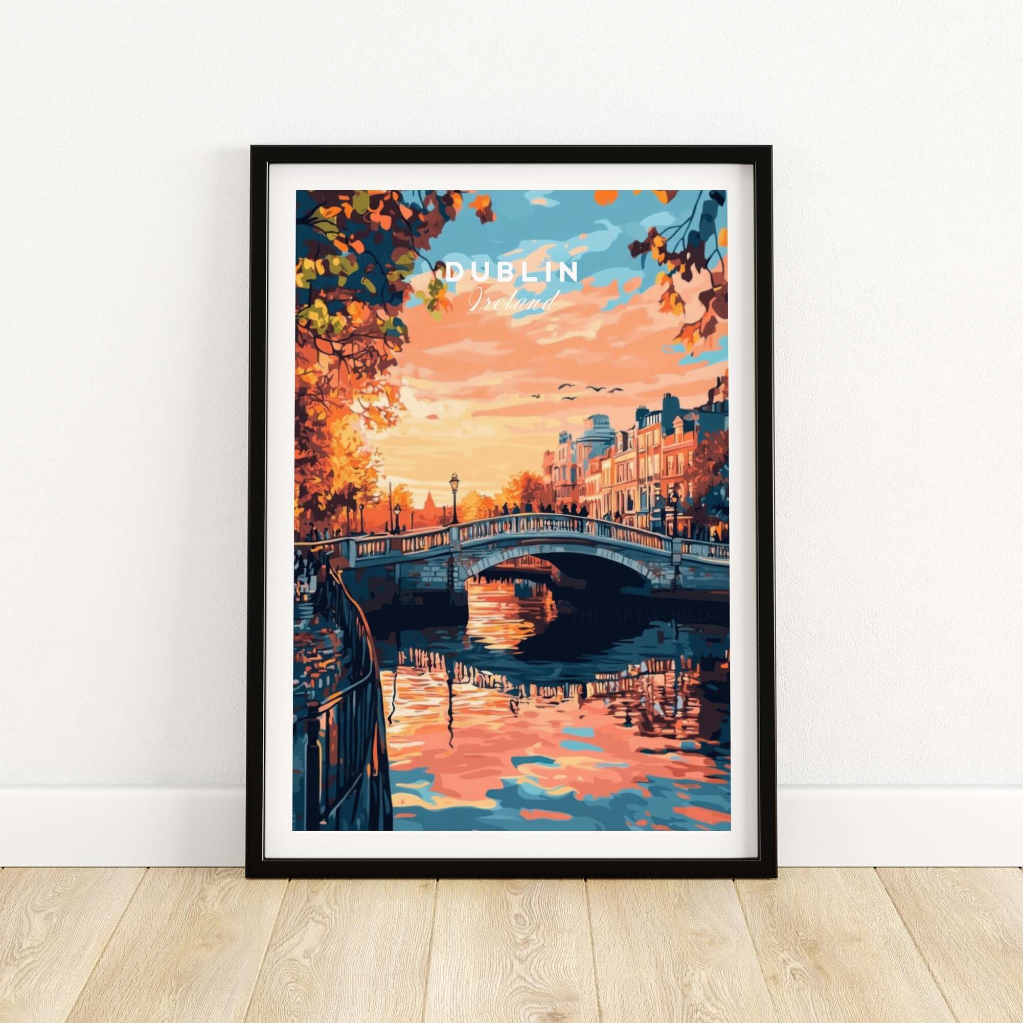 Dublin Art Print featuring a vibrant sunset over a river with colorful buildings and trees.