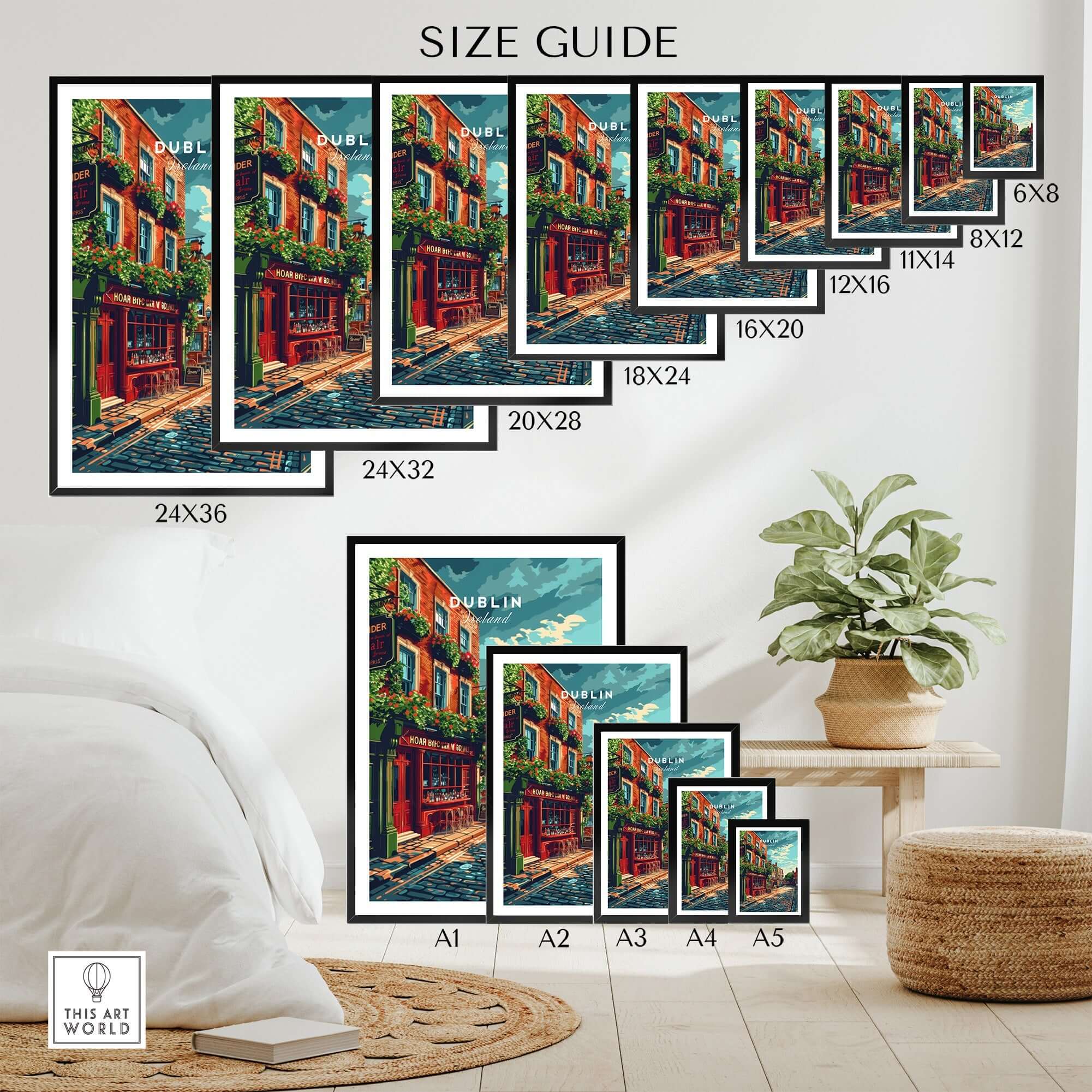 Dublin Ireland Poster size guide showcasing various dimensions and styles of the Dublin Ireland Poster artwork.