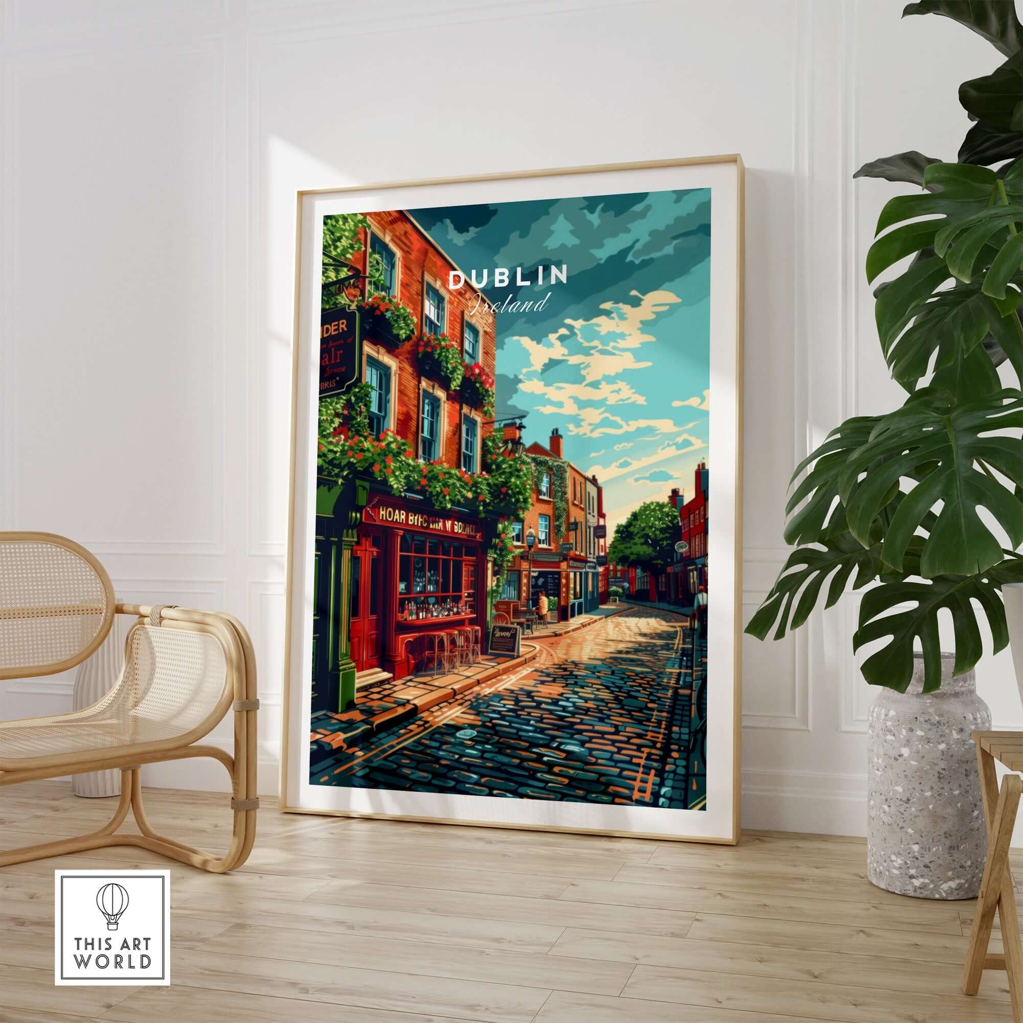Dublin Ireland Poster featuring vibrant streets and iconic landmarks, perfect for home or office decor.