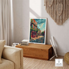 Dublin Ireland Poster displayed in a stylish living room on a wooden table, showcasing Dublin's charming streets.