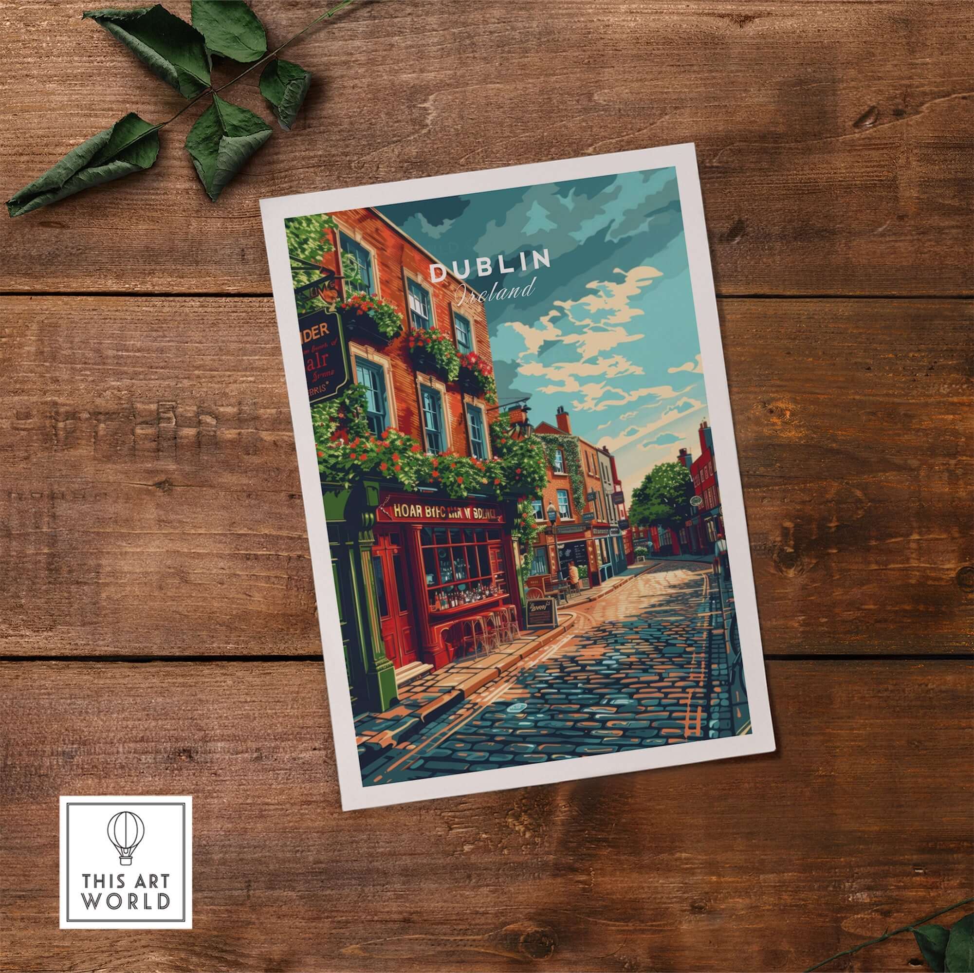 Dublin Ireland Poster showcasing a picturesque street scene in Dublin with vibrant colors and charming architecture.