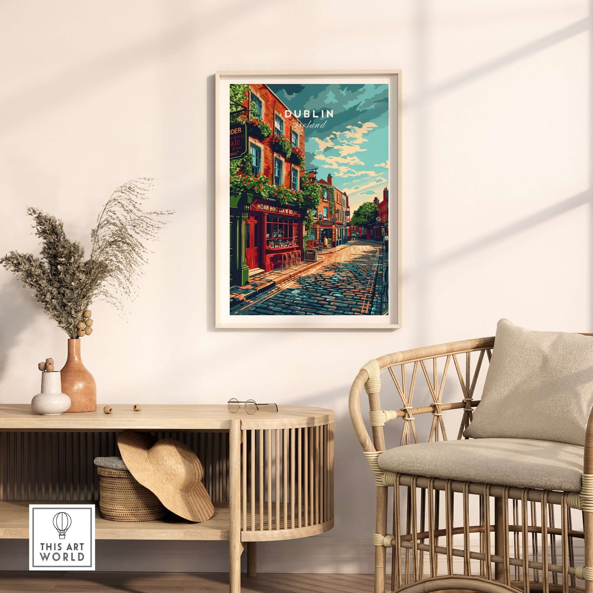 Dublin Ireland Poster showcasing vibrant streets and colorful buildings in a cozy home setting.