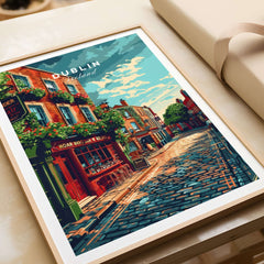 Dublin Ireland Poster featuring a picturesque street scene in Dublin with colorful buildings and lively atmosphere.
