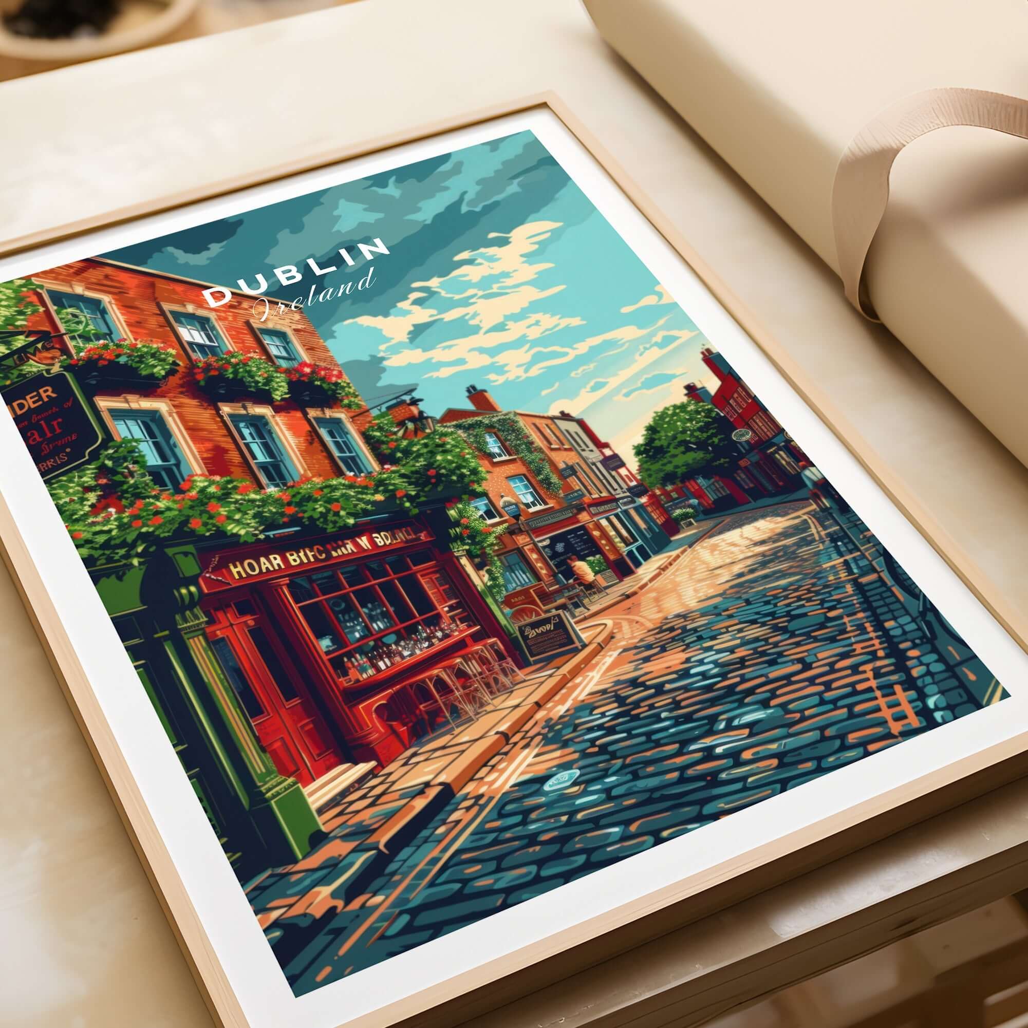 Dublin Ireland Poster featuring a picturesque street scene in Dublin with colorful buildings and lively atmosphere.