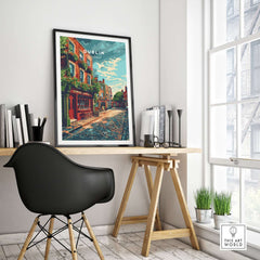 Dublin Ireland Poster showcasing a vibrant street scene with colorful buildings and charming atmosphere.