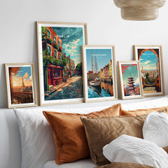 Dublin Ireland Poster displayed among travel posters on a stylish wall, showcasing Dublin's charm and vibrant streets.
