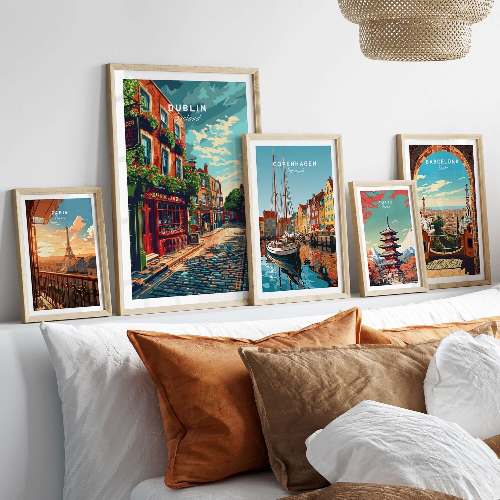 Dublin Ireland Poster displayed among travel posters on a stylish wall, showcasing Dublin's charm and vibrant streets.