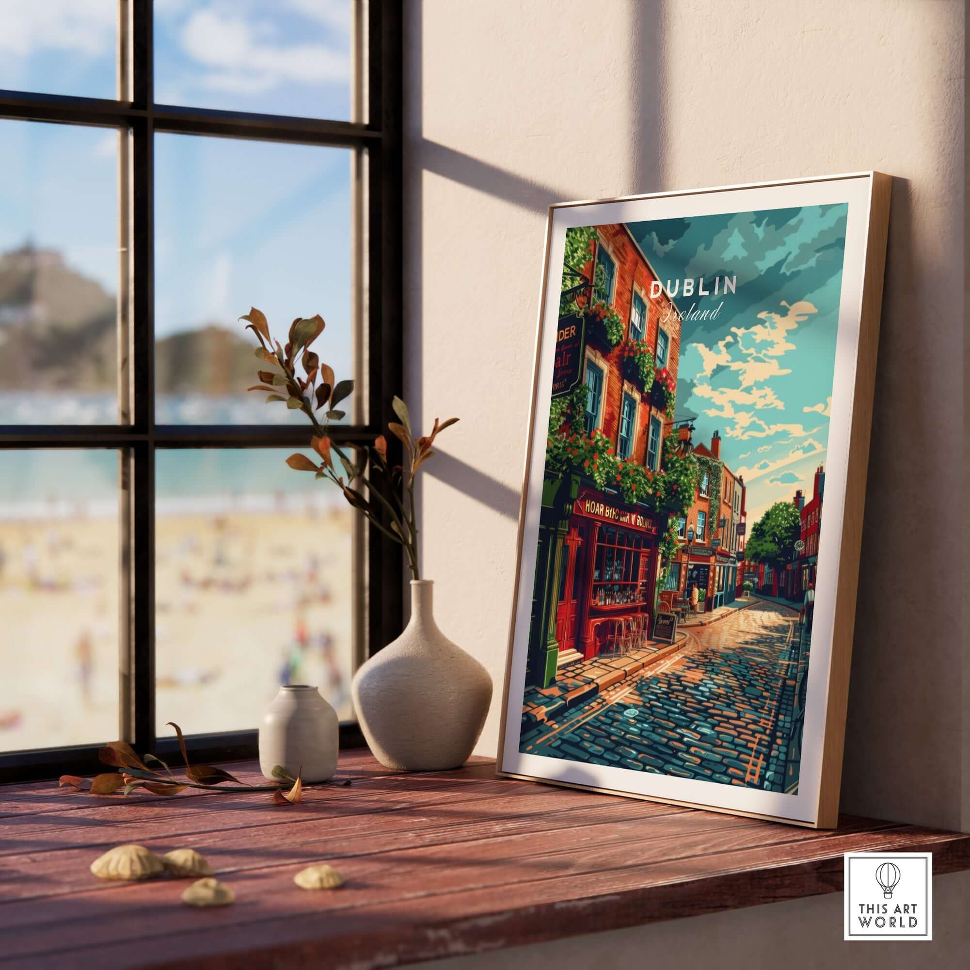 Dublin Ireland Poster displayed in a bright room, capturing the colorful streets and charm of Dublin.
