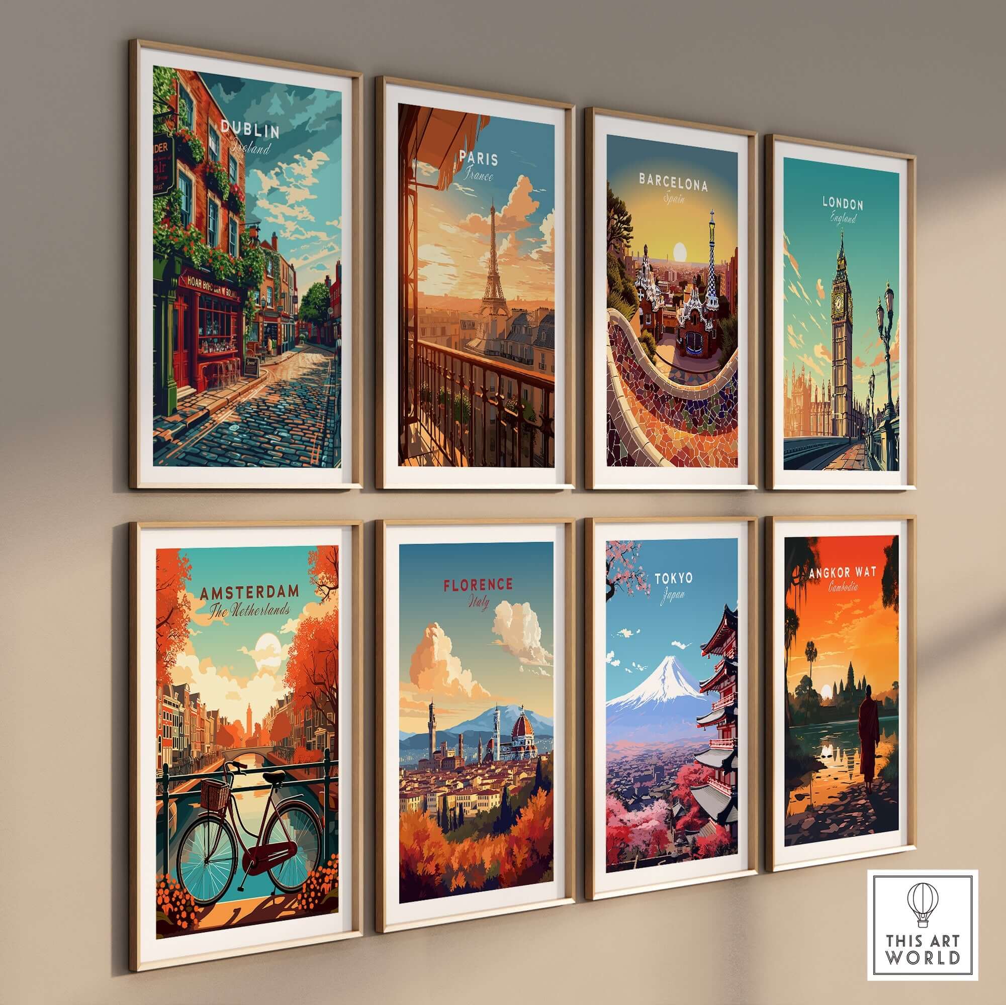 Dublin Ireland Poster and other city posters displayed on a gallery wall showcasing vibrant landmarks.