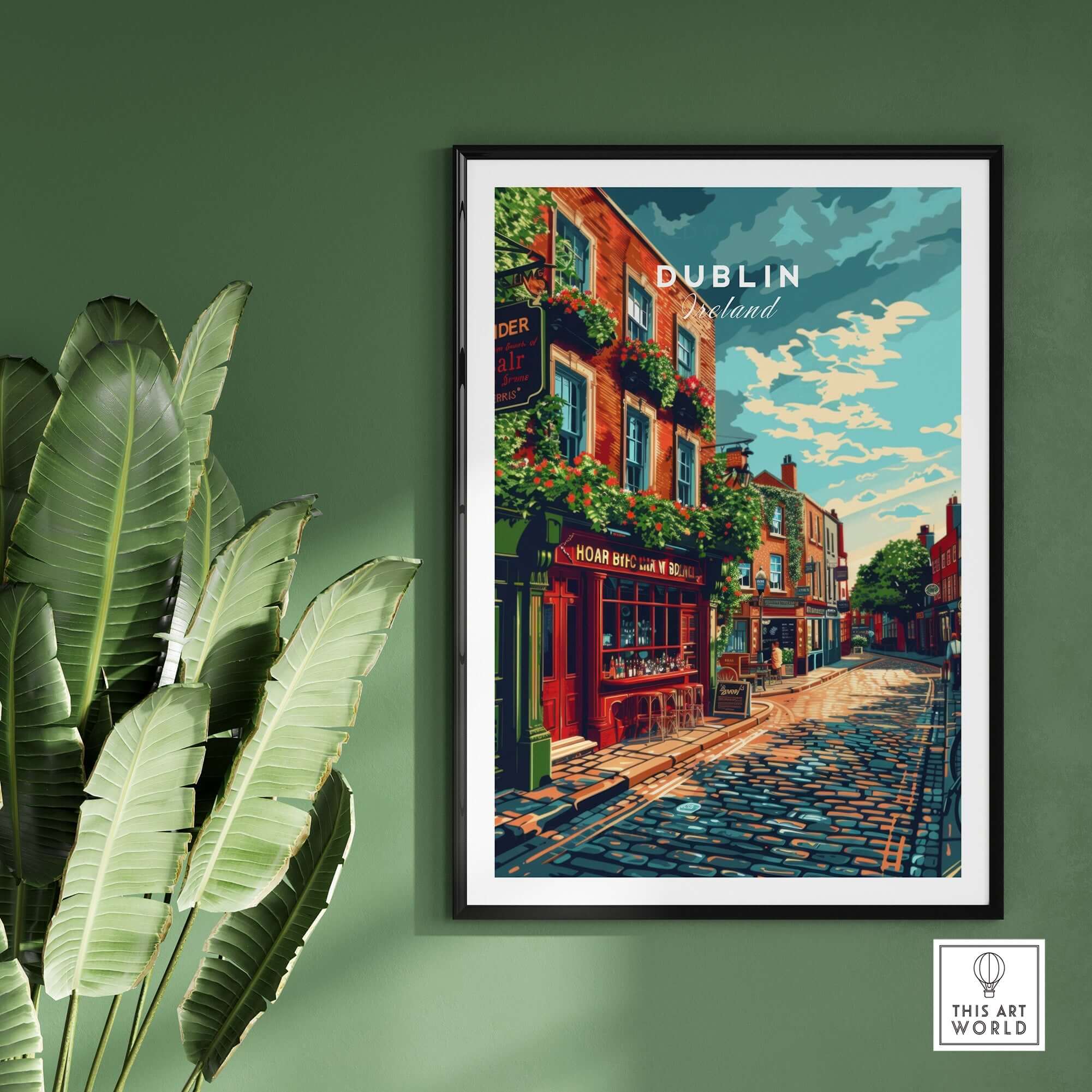 Dublin Ireland Poster showcasing vibrant streets and iconic landmarks of Dublin, Ireland in a framed design.