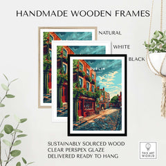 Dublin Ireland Poster displayed in handmade wooden frames, featuring natural, white, and black options, ready to hang.