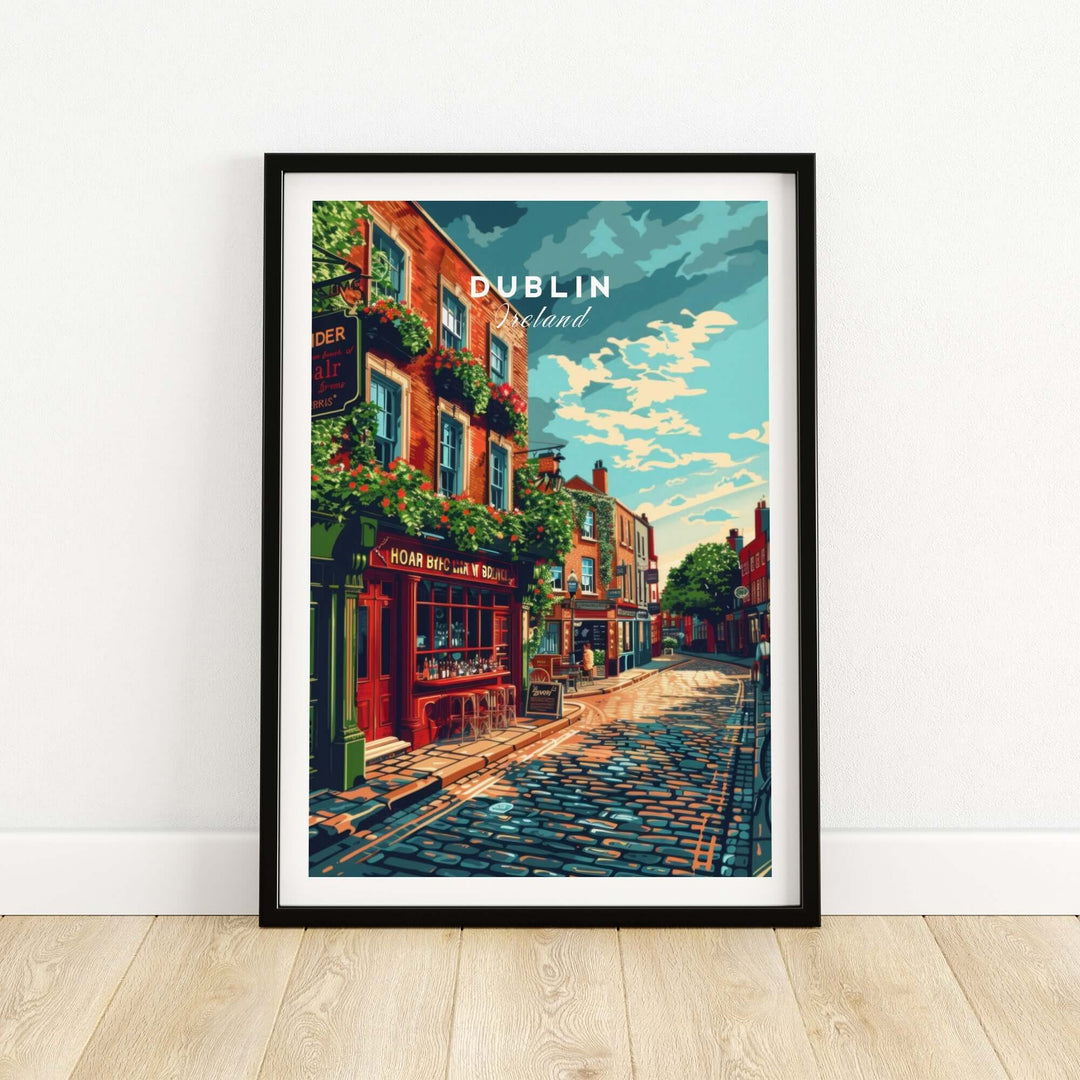 Colorful Dublin Ireland poster depicting a lively street scene with a classic pub and cobblestone path.