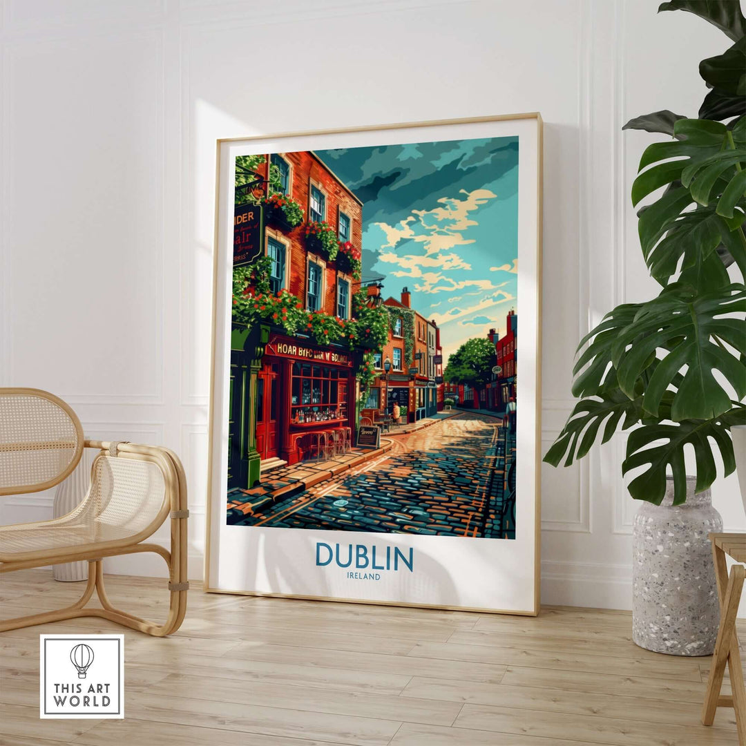 Dublin, Ireland print featuring vibrant street scene and colorful buildings in a stylish living space.