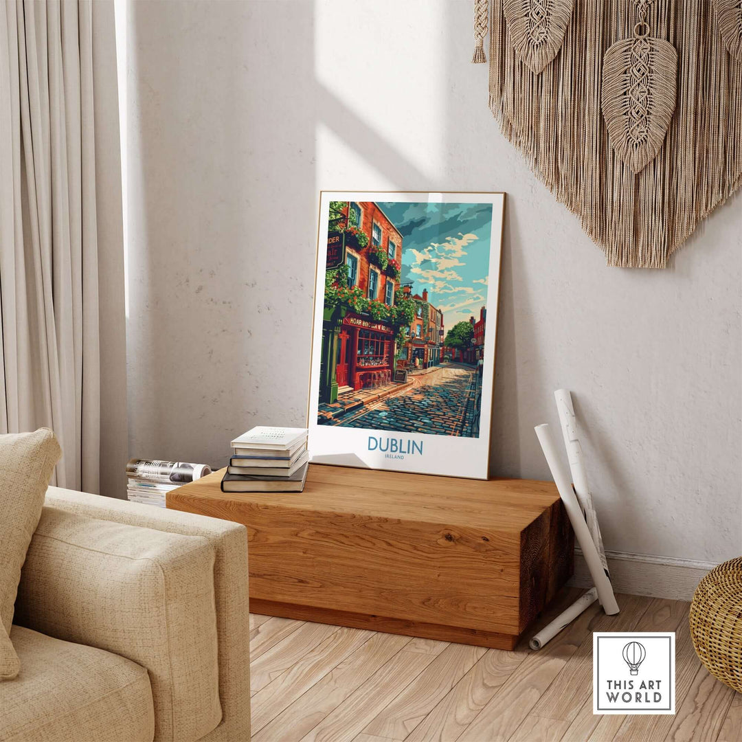 Dublin Ireland print displayed in a cozy living room, featuring colorful buildings and a charming street scene.