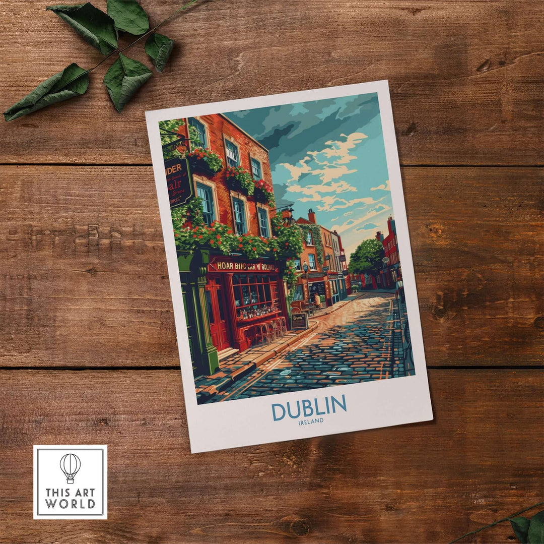 Colorful art print of Dublin, Ireland, featuring a charming street scene with traditional buildings and cobblestones.