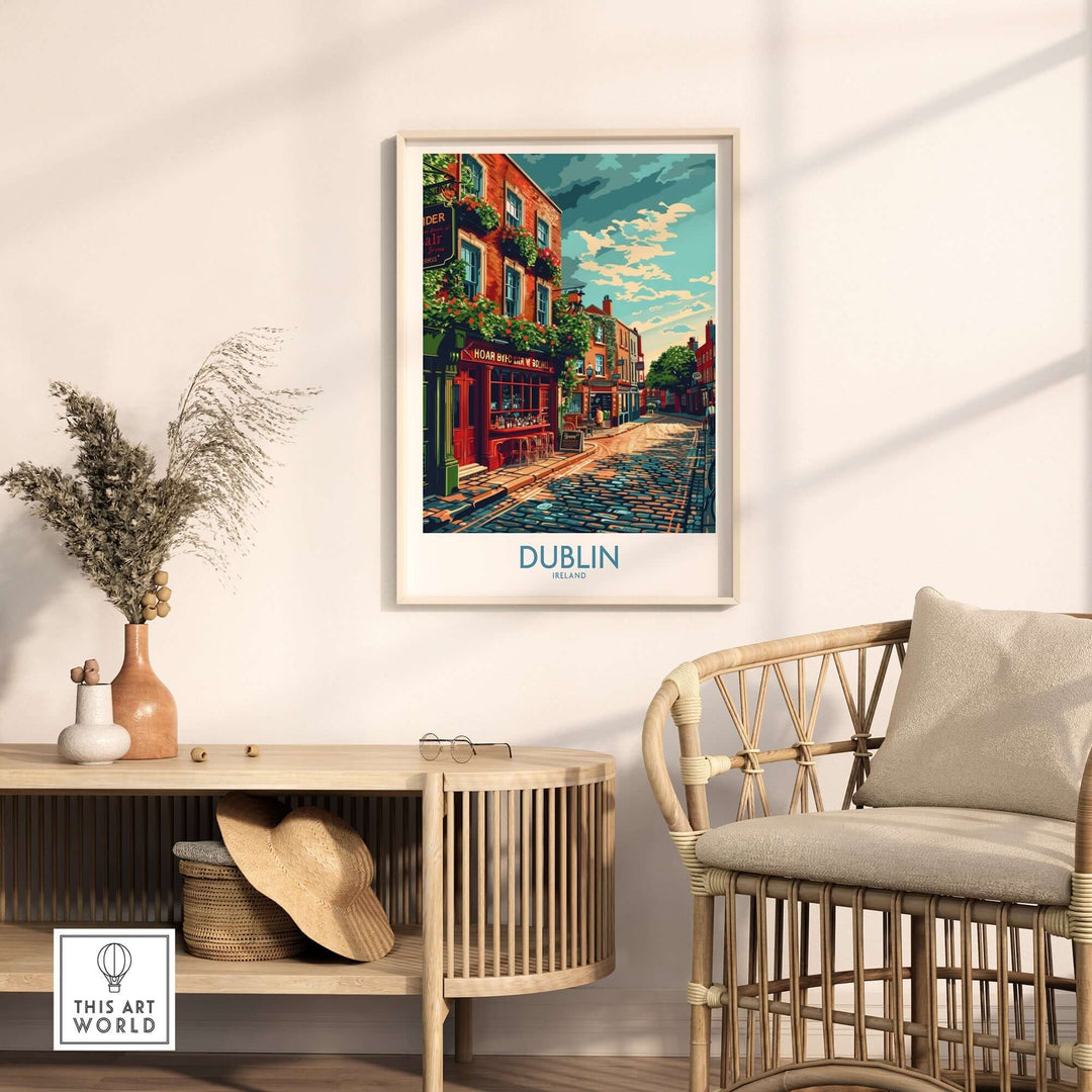 Dublin Ireland print showcasing a colorful street scene in a stylish interior setting with natural light.