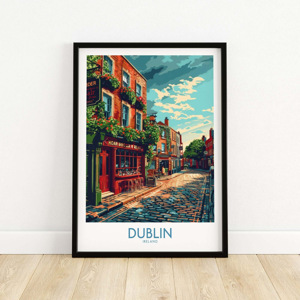 Dublin Ireland print featuring a colorful street scene with historic buildings and cobblestone road.