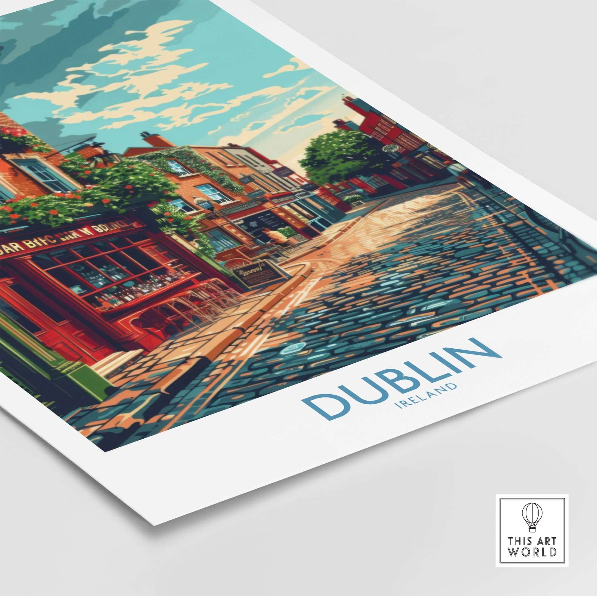 Dublin Ireland Print featuring a vibrant street scene with iconic architecture and cobblestone streets.
