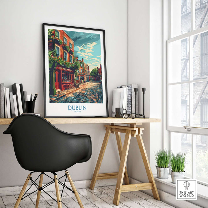 Dublin print displayed in a stylish modern workspace, showcasing vibrant colors and charming street scene.