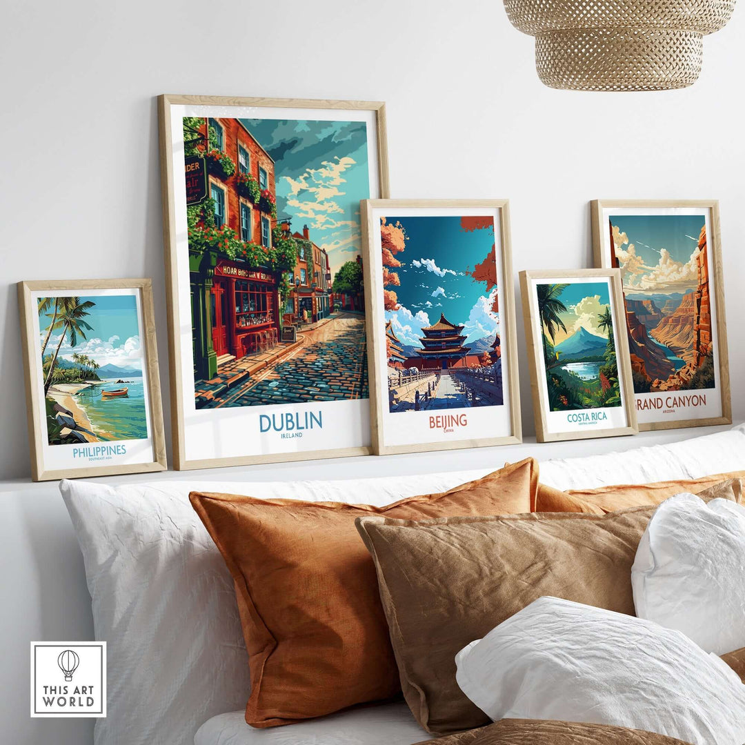 Dublin Ireland print displayed among travel art pieces in a cozy living room setting.