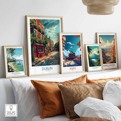 Dublin Ireland Print featuring vibrant European landmarks in a stylish living room decor setting.