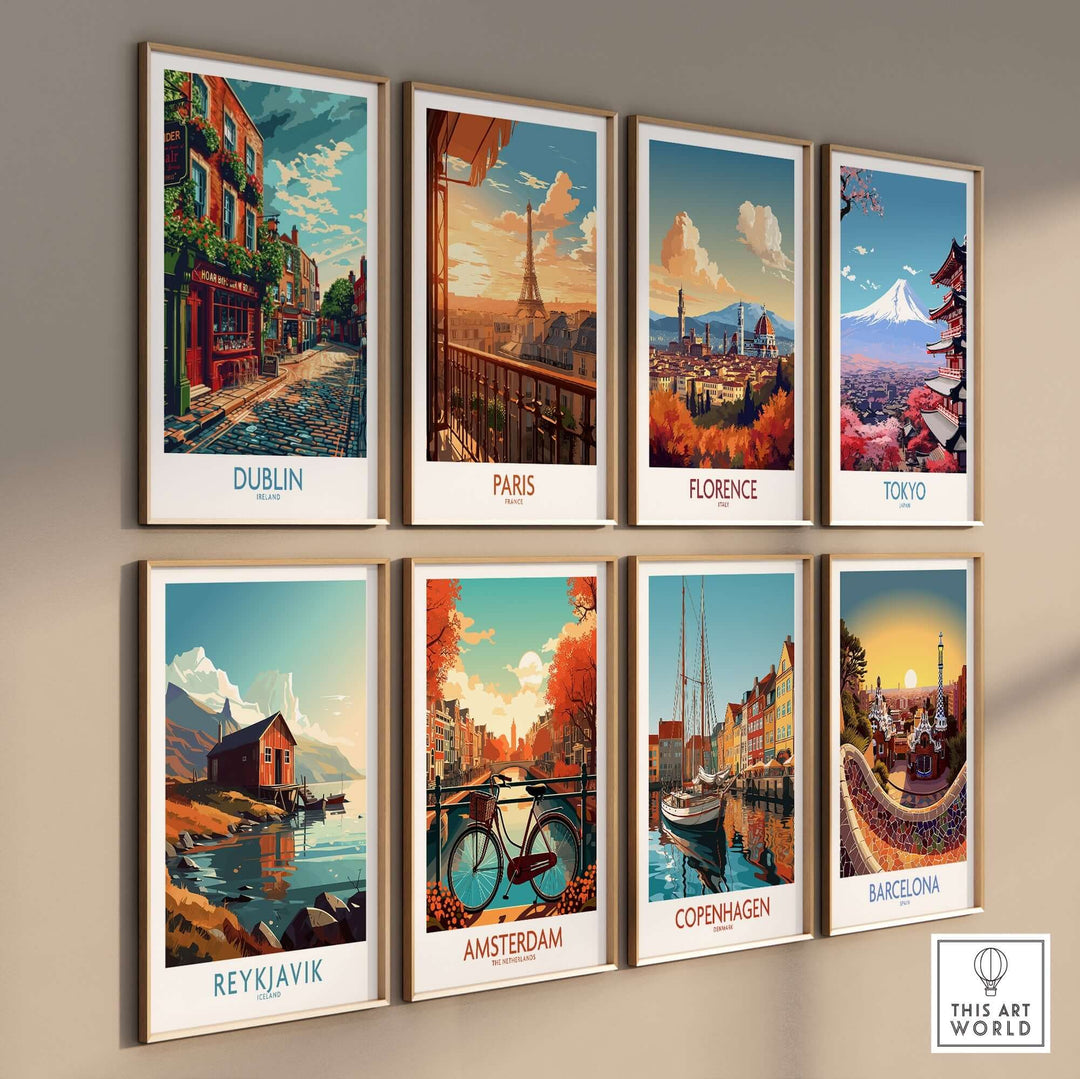 Dublin Ireland art print among city-themed artwork including Paris, Florence, Tokyo, and more on a stylish wall display.