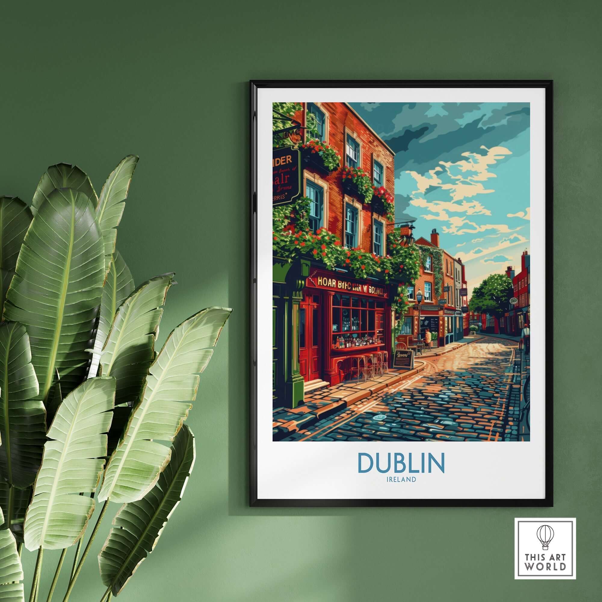 Dublin Ireland Print showcasing vibrant street scene with iconic landmarks in Dublin, Ireland.