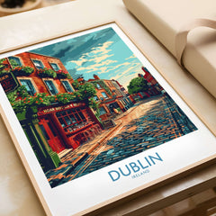 Dublin Ireland Print featuring a vibrant street scene in Dublin, showcasing iconic landmarks and colorful architecture.