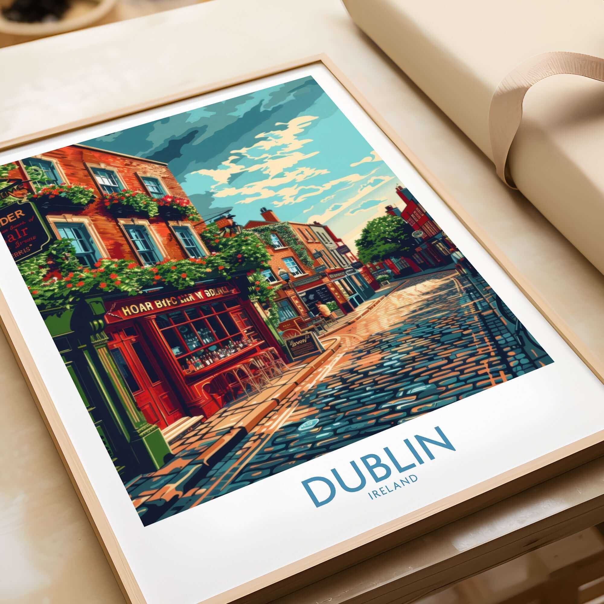 Dublin Ireland Print featuring a vibrant street scene in Dublin, showcasing iconic landmarks and colorful architecture.