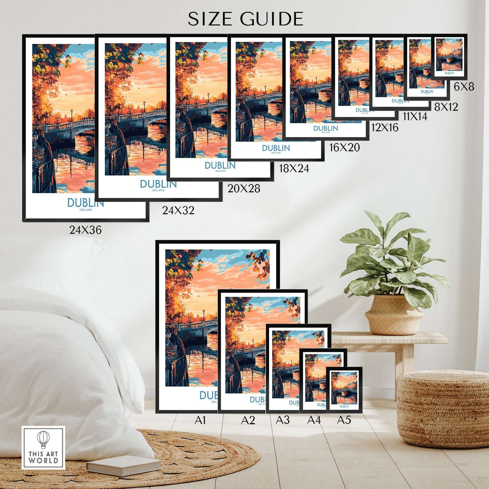 Dublin Poster size guide displaying various frame sizes and iconic landmarks of Dublin