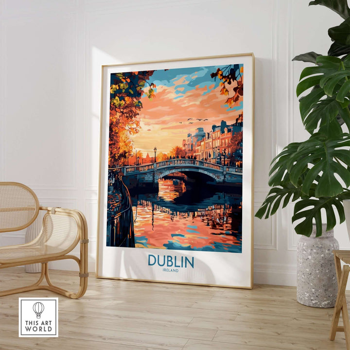 Dublin poster featuring a scenic view of the city at sunset, displaying vibrant colors and reflection in the water.