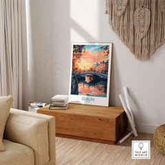 Dublin Poster showcasing iconic landmarks in a stylish room setting with warm colors and cultural ambiance.