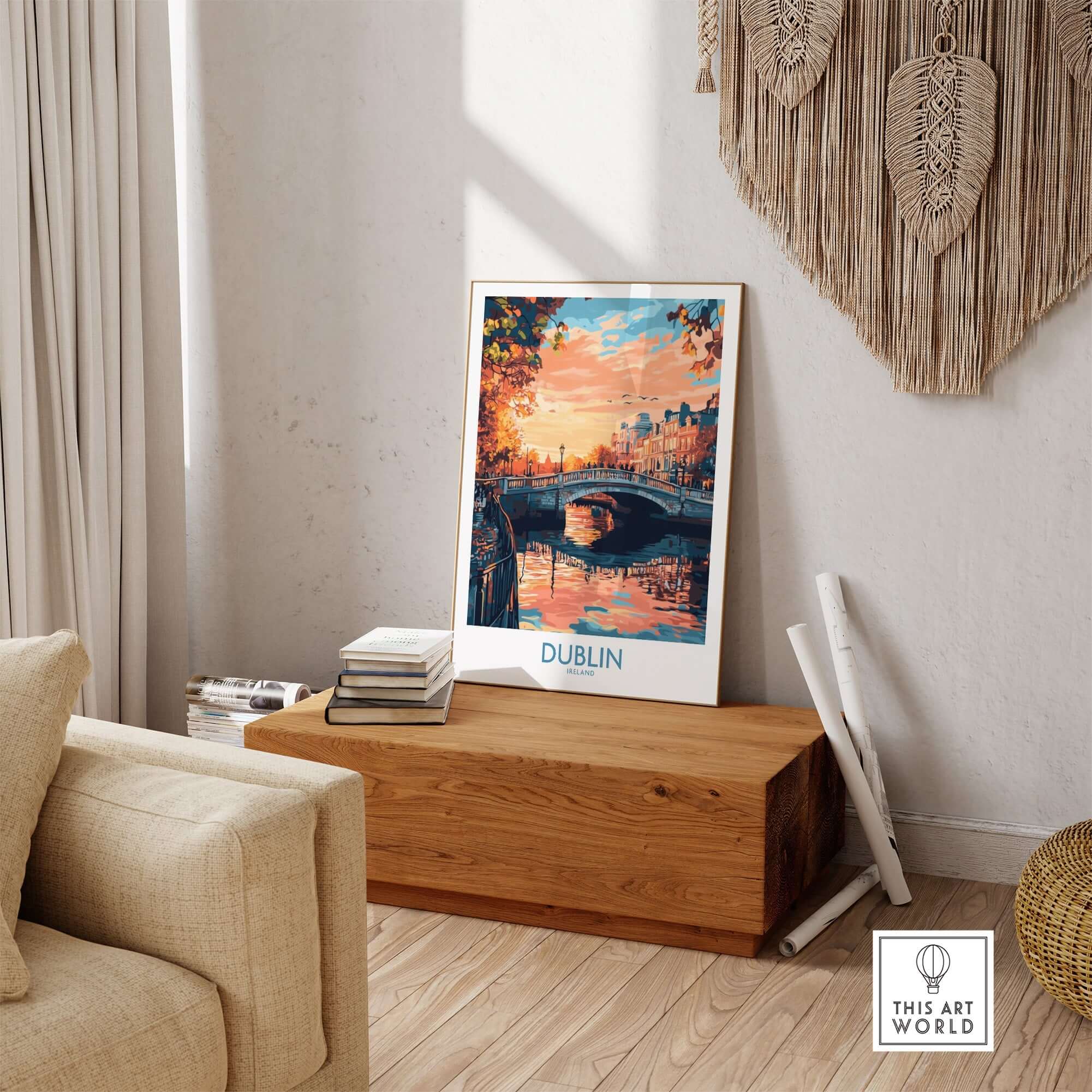 Dublin Poster showcasing iconic landmarks in a stylish room setting with warm colors and cultural ambiance.