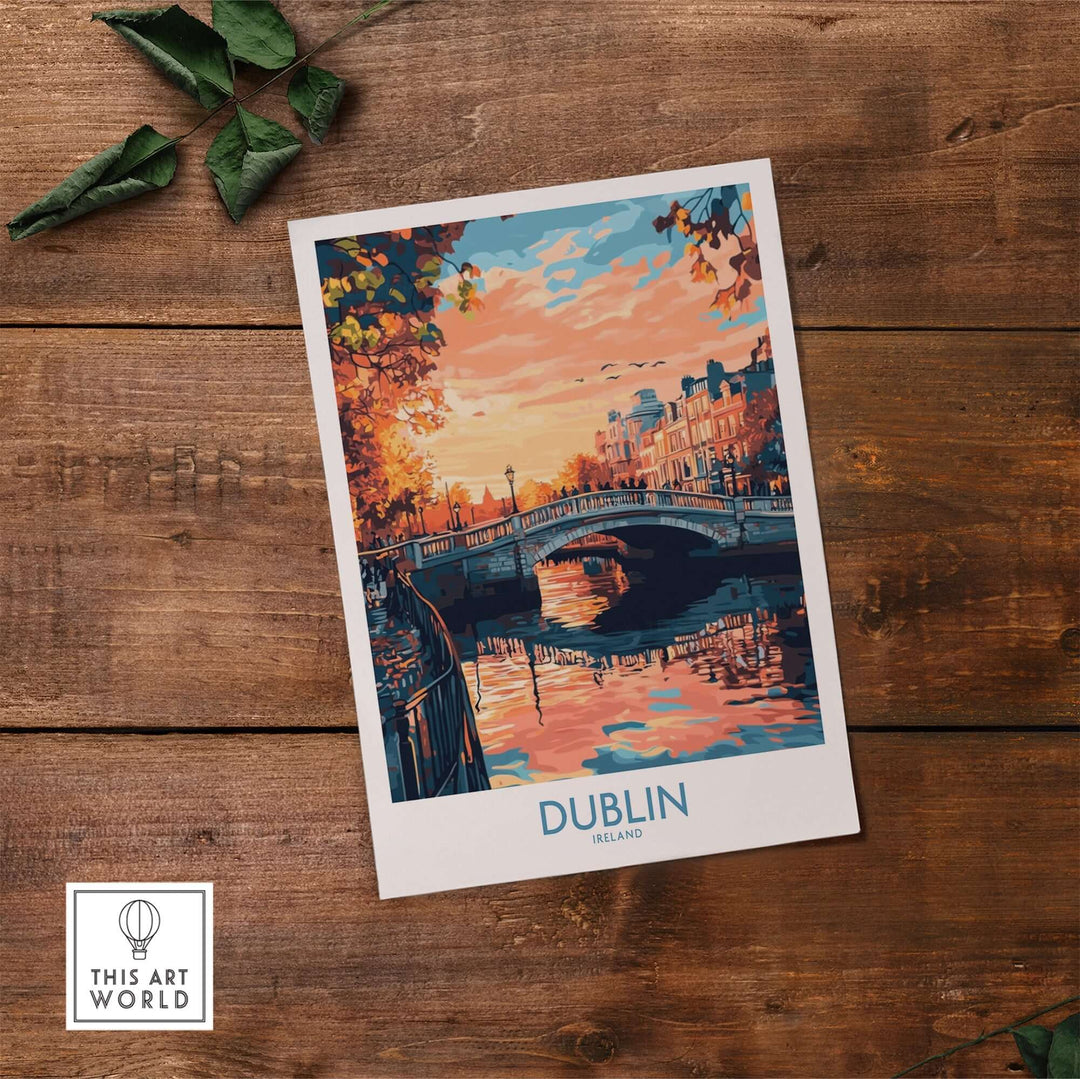 Dublin poster featuring a colorful sunset over a canal with a bridge, ideal for art lovers and home decor.