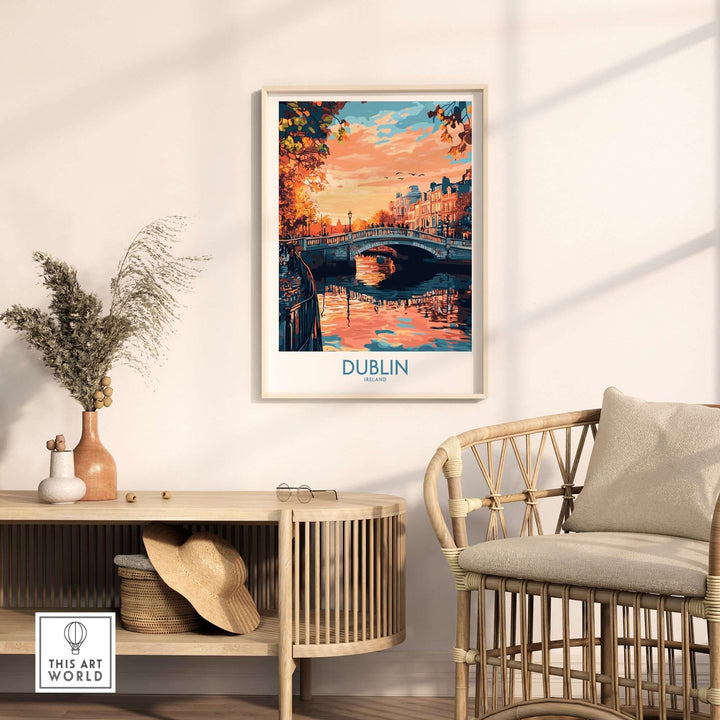 Dublin poster featuring a vibrant sunset over a bridge, enhancing modern home decor aesthetics.