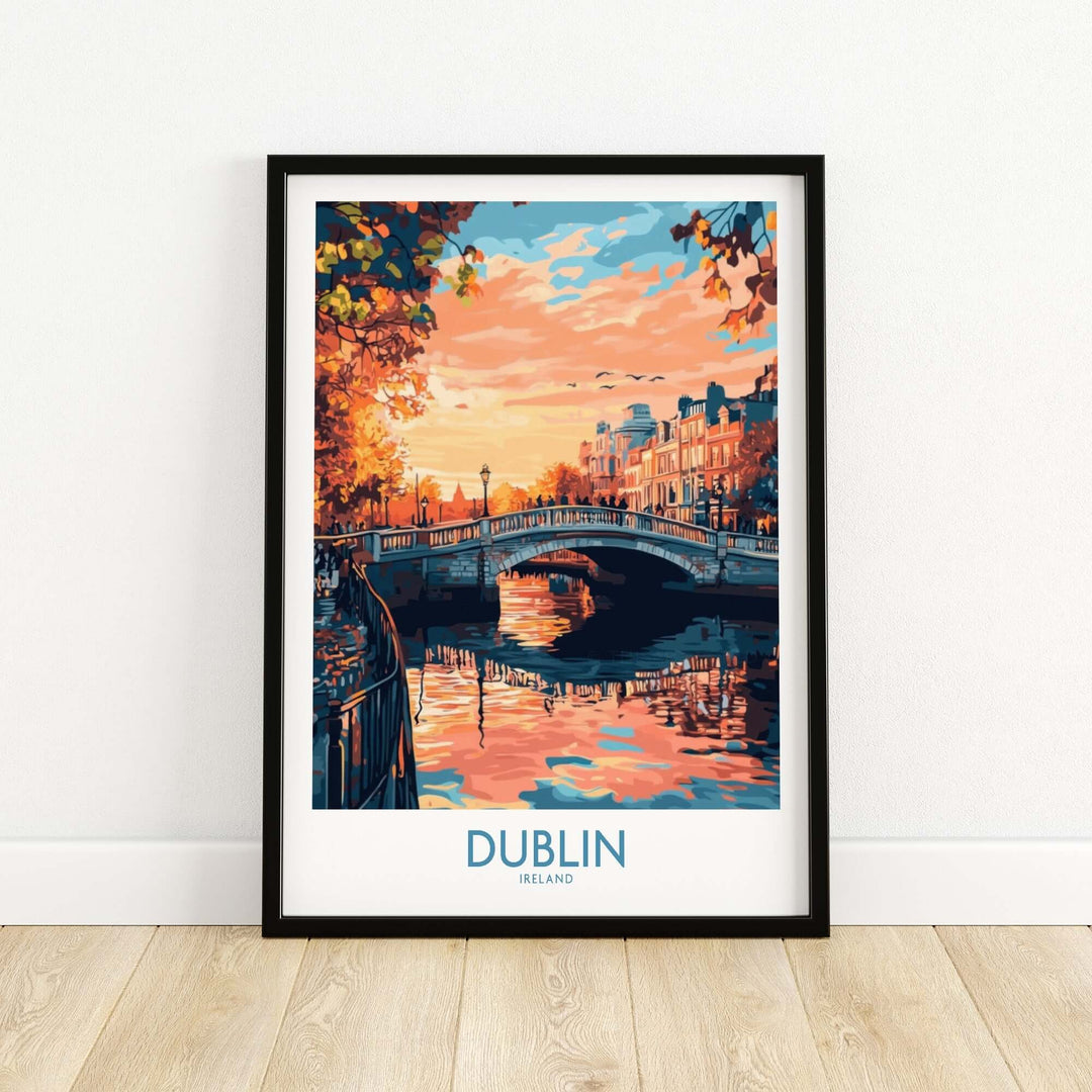 Dublin poster featuring a vibrant sunset over a canal and bridge, showcasing the beauty of Ireland.