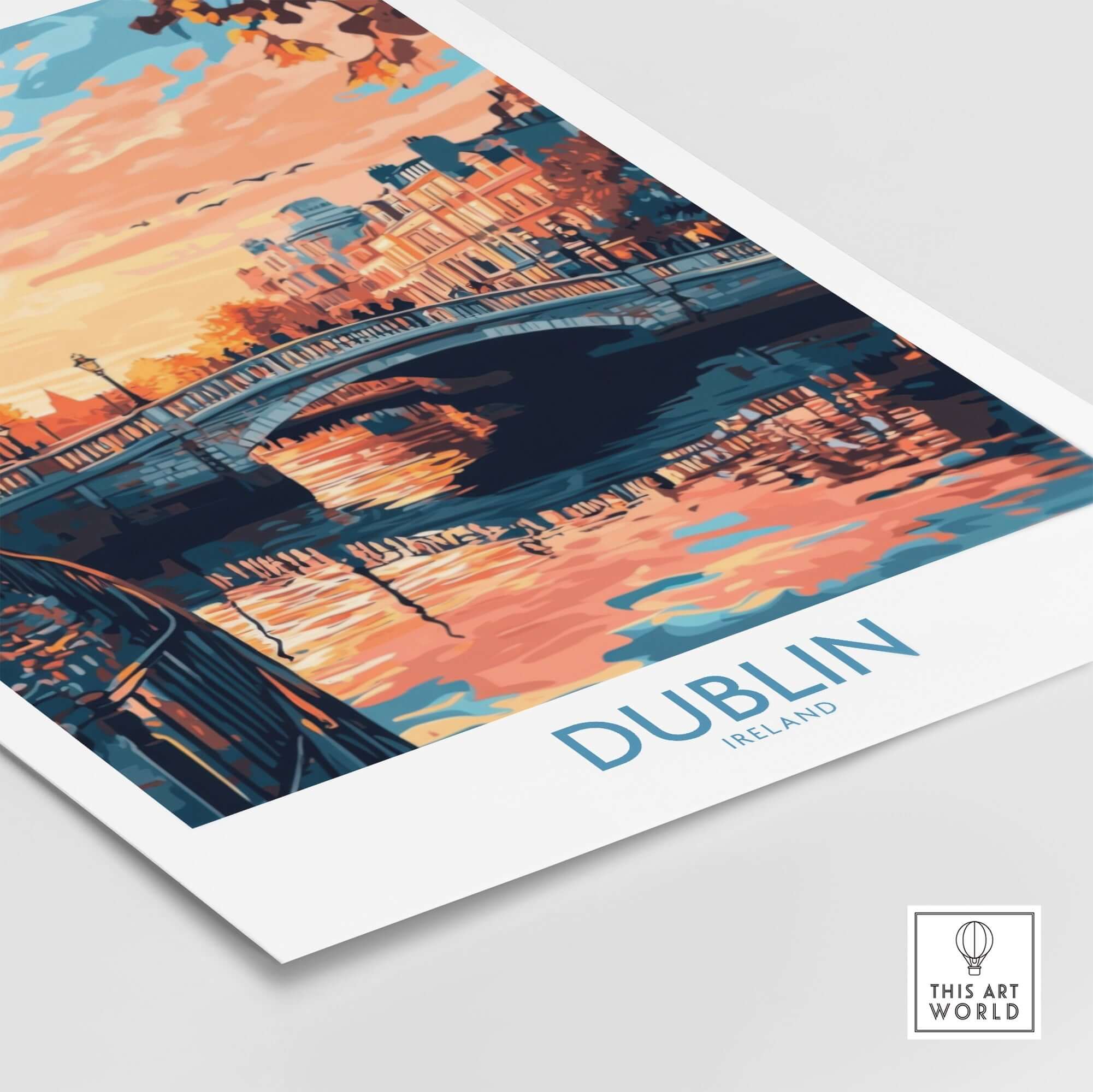 Dublin Poster featuring a vibrant illustration of Dublin's iconic bridge and reflections at sunset.
