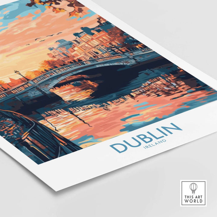 Dublin poster featuring a vibrant sunset over a bridge and river, showcasing Ireland's beauty.