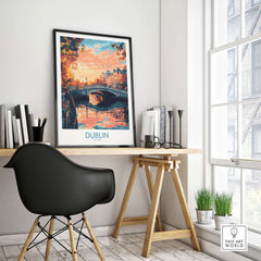 Dublin Poster showcasing a beautiful sunset over a canal, perfect for enhancing any room's decor.