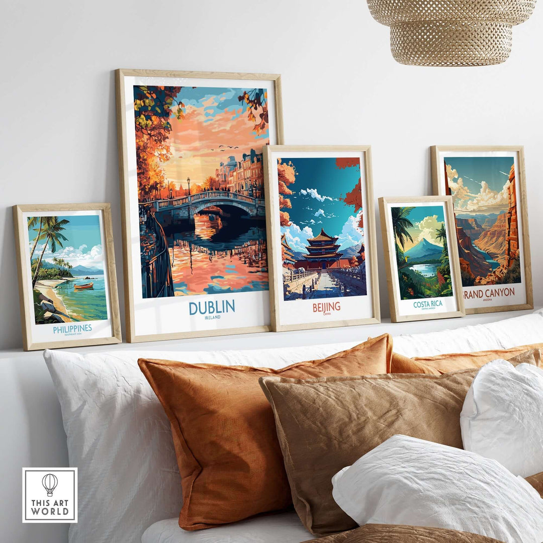 Dublin poster among travel-themed art prints, showcasing vibrant landscapes and cultures in a cozy home setting.