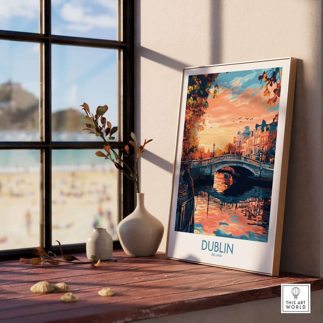 Dublin poster displayed in a sunlit room, showcasing a beautiful bridge and lively colors, perfect for art lovers.