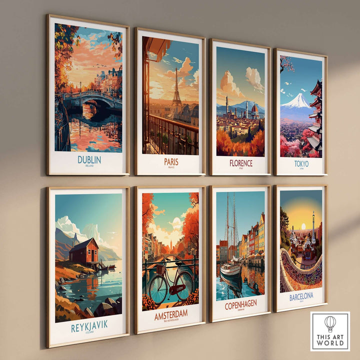 Collection of vibrant city posters featuring Dublin, Paris, Florence, Tokyo, Reykjavik, Amsterdam, Copenhagen, and Barcelona.