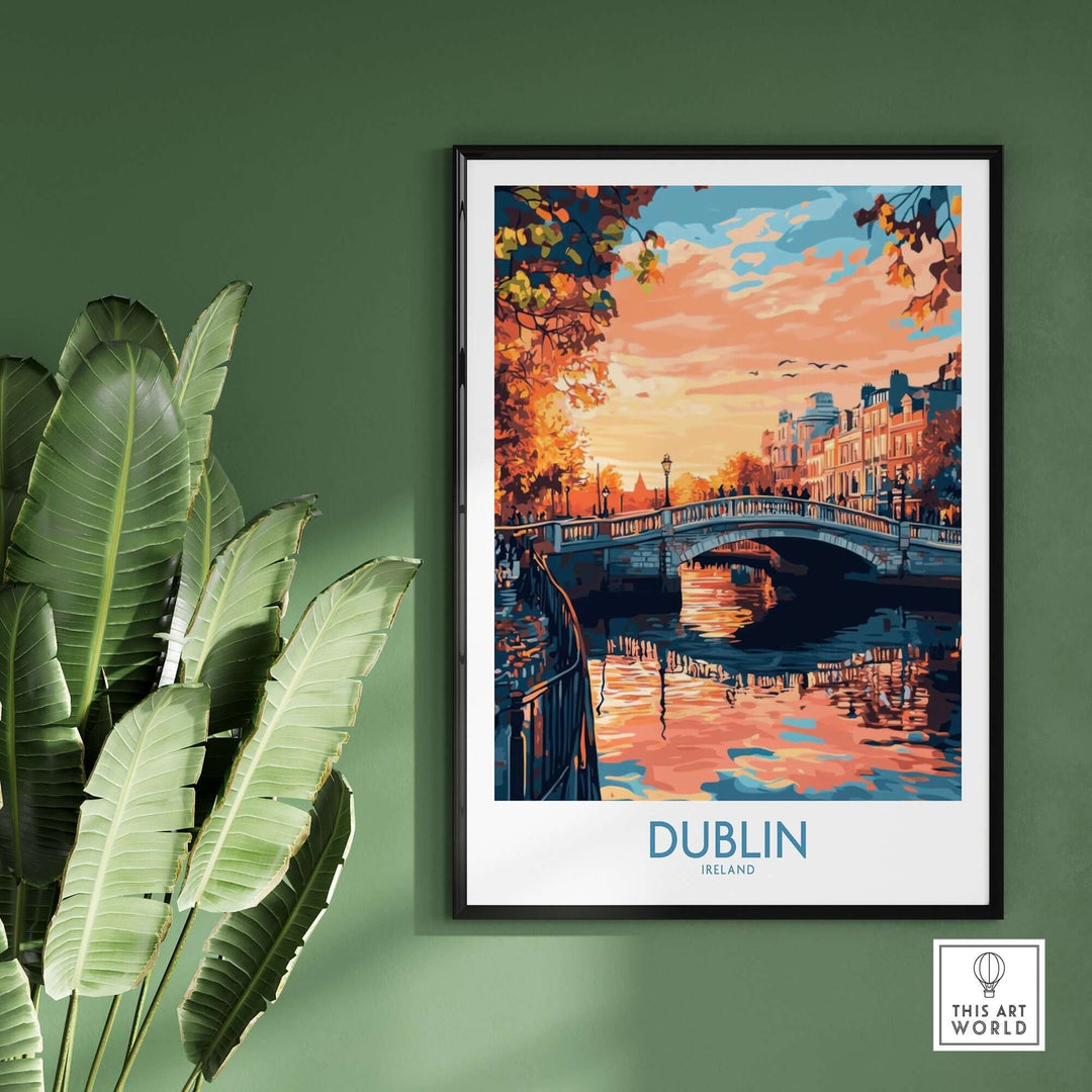 Dublin poster depicting a scenic view of a bridge and colorful buildings reflecting in water, framed against a green wall.